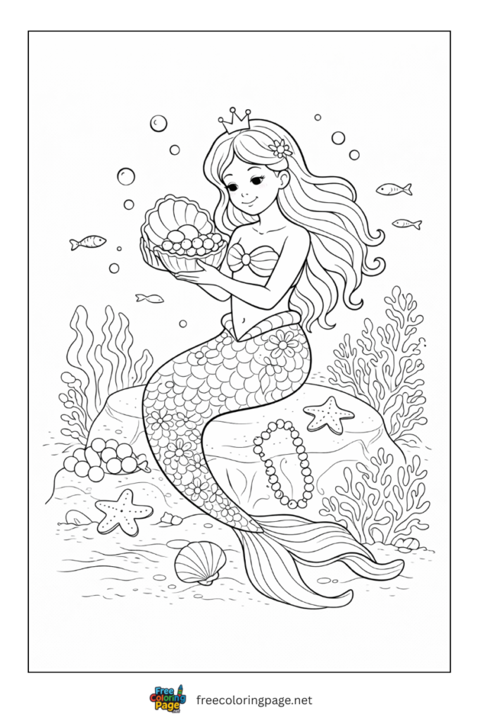 coloring page of realistic mermaid with beautiful shell