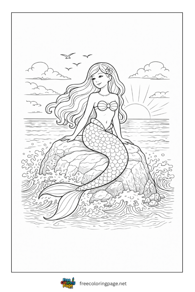 coloring page of realistic mermaid sitting on rock