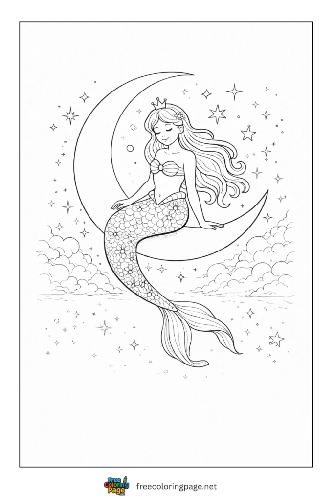 coloring page of detailed mermaid sitting on moon