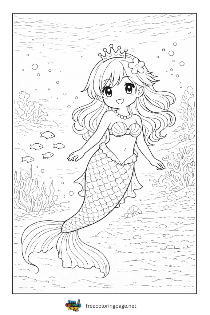 coloring page of anime mermaid underwater