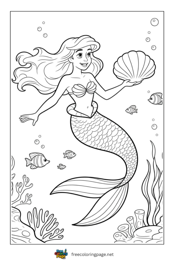 coloring page of aerial mermaid with shell under sea