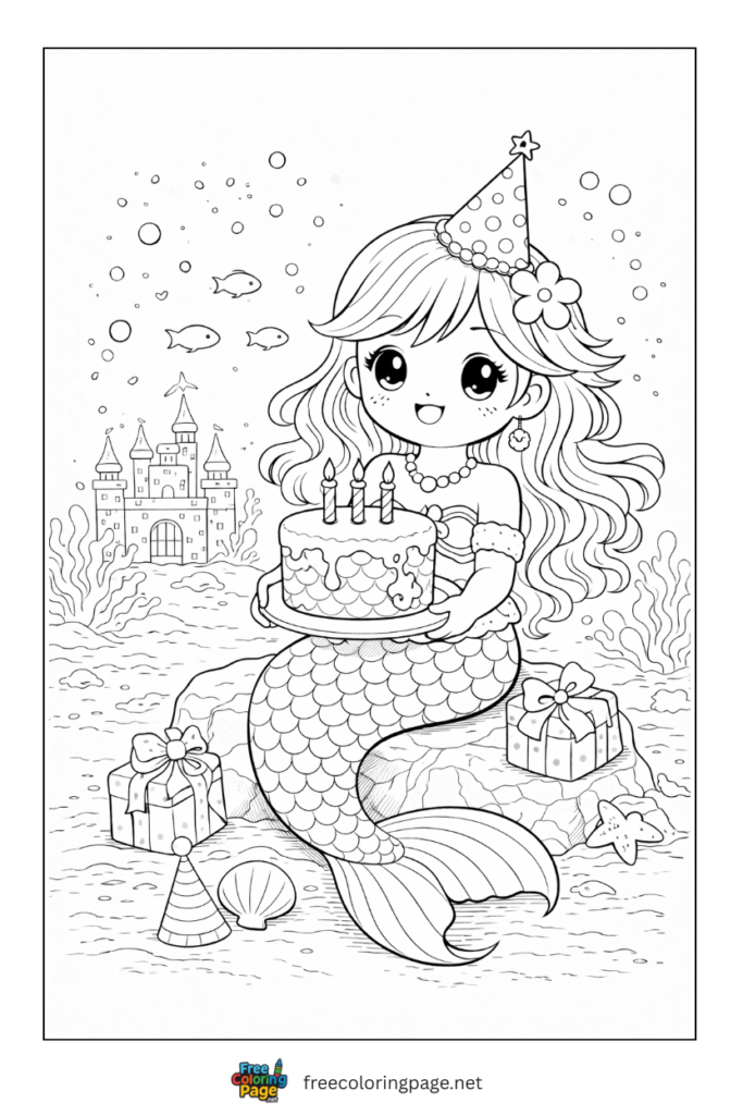 coloring page of mermaid birthday with cake
