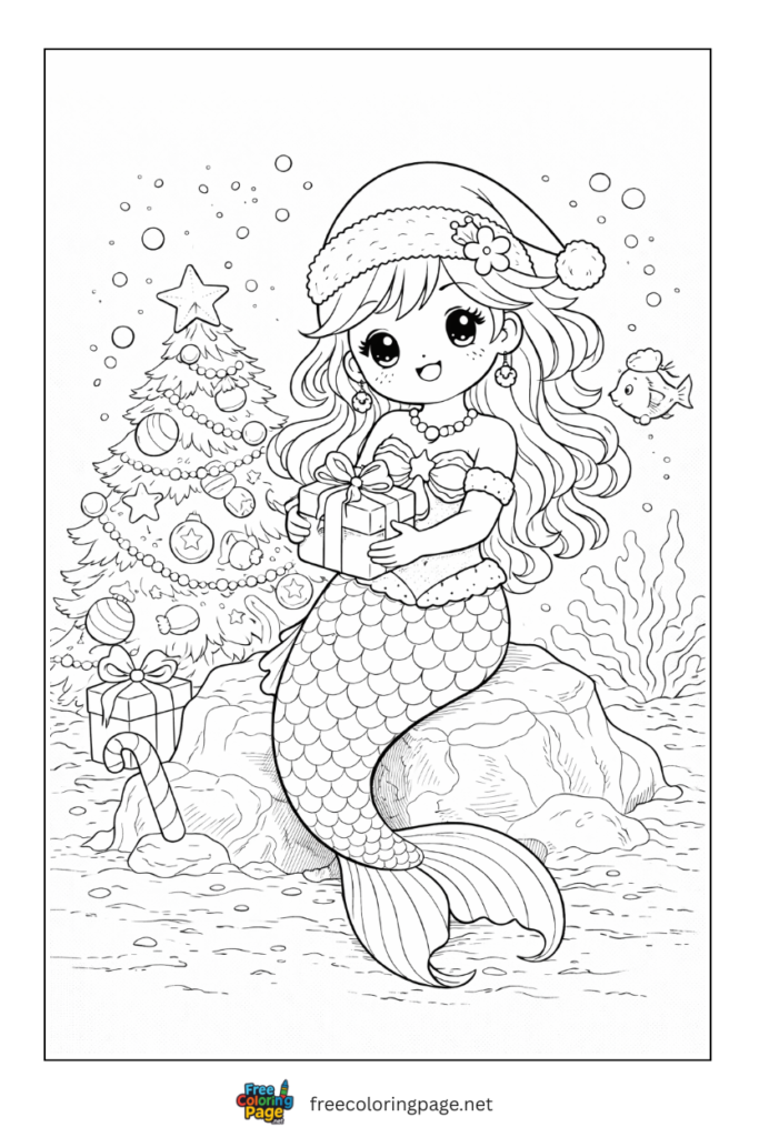 coloring page of mermaid christmas celebration