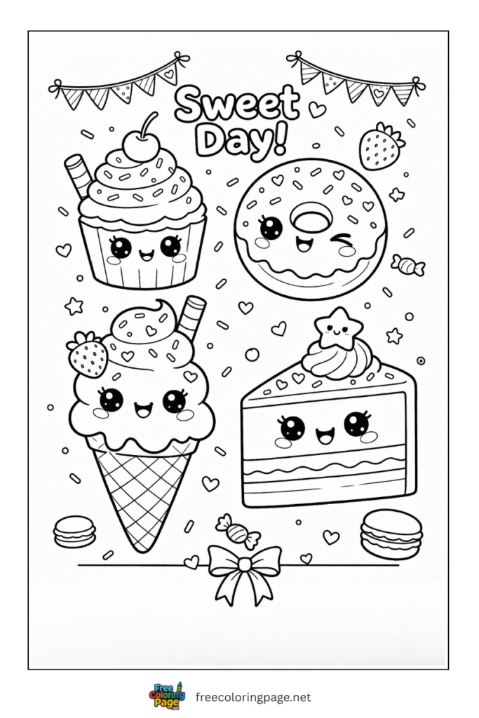 coloring page of kawaii dessert food