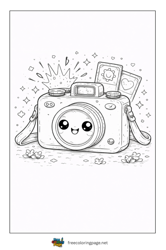coloring page of kawaii camera for kids