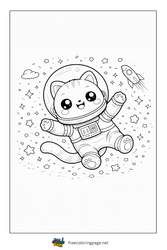 coloring page of kawaii cat astronaut