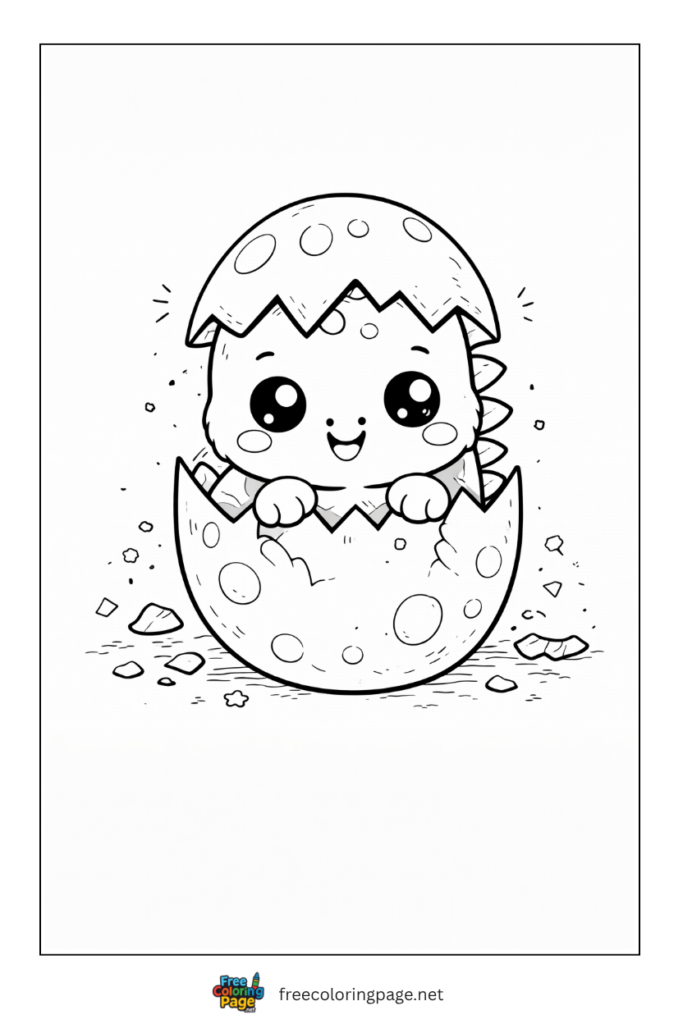 coloring page of kawaii dinosaur hatching from egg