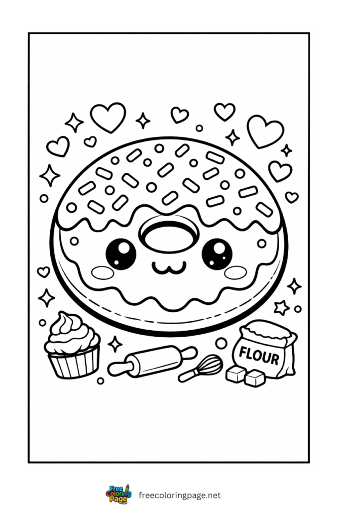 coloring page of kawaii donut 