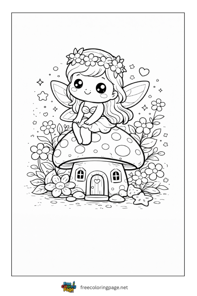 coloring page of kawaii fairy sitting on mushroom house
