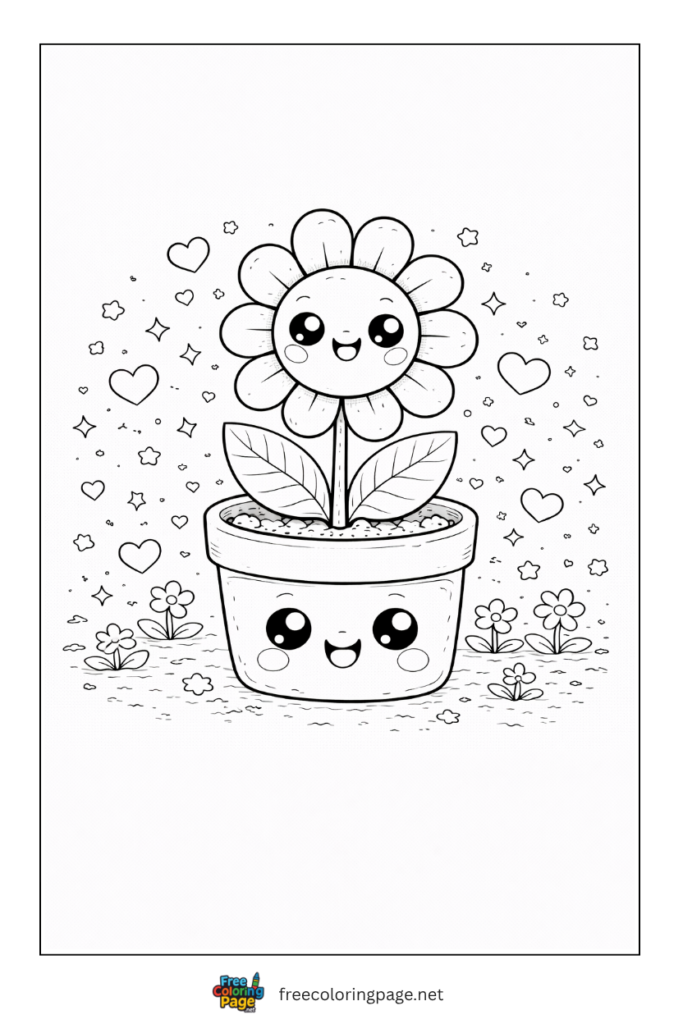 coloring page of kawaii flowerpot