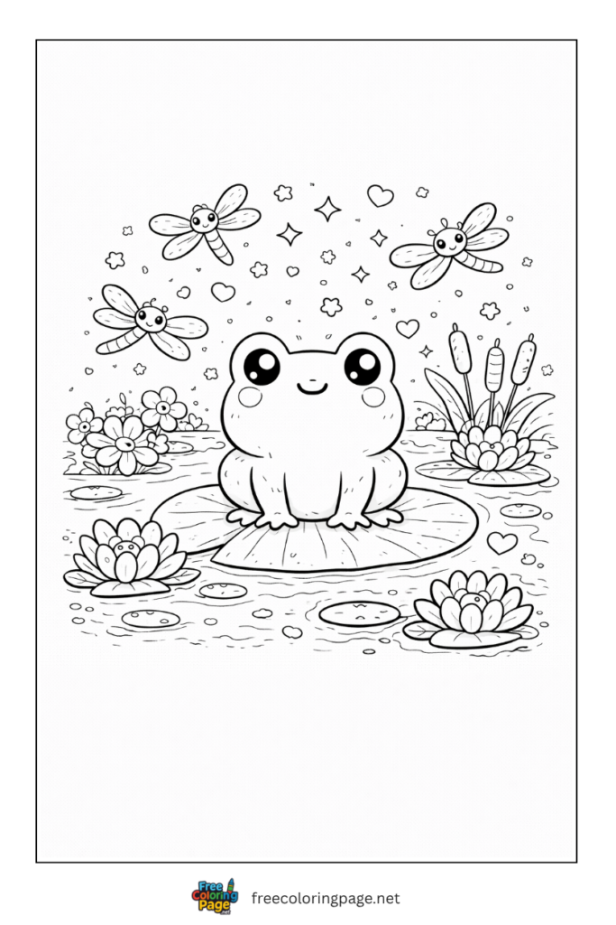 coloring page of kawaii frog in a pond