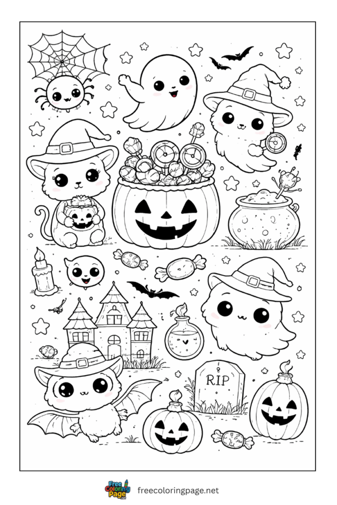 coloring page of kawaii halloween