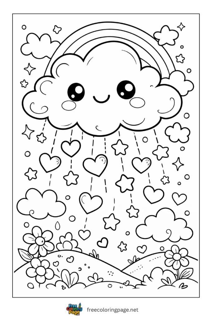 coloring page of kawaii heart rainfall