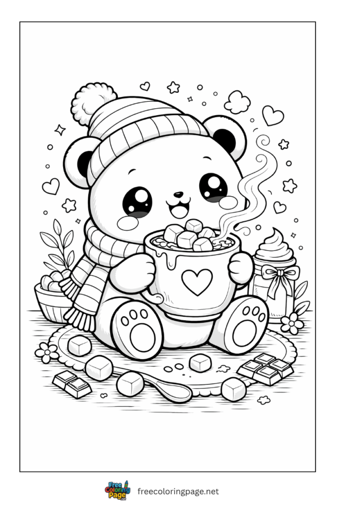 coloring page of kawaii panda drinking chocco coffee