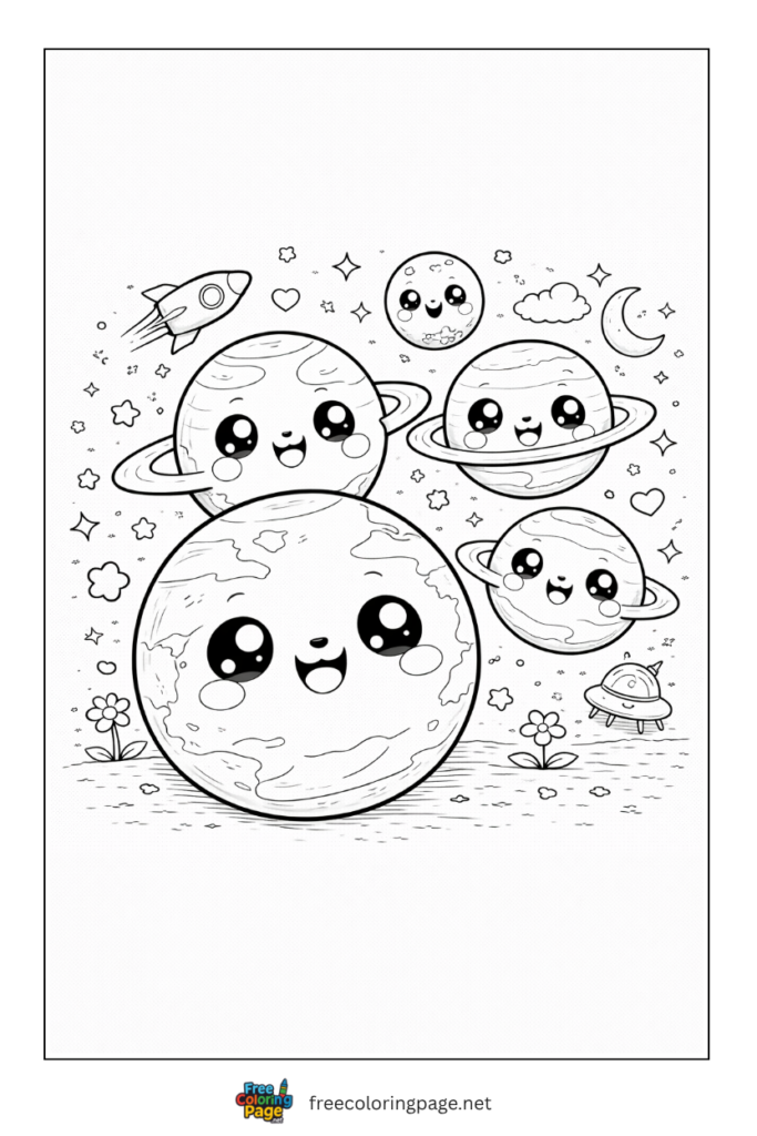 coloring page of kawaii planets