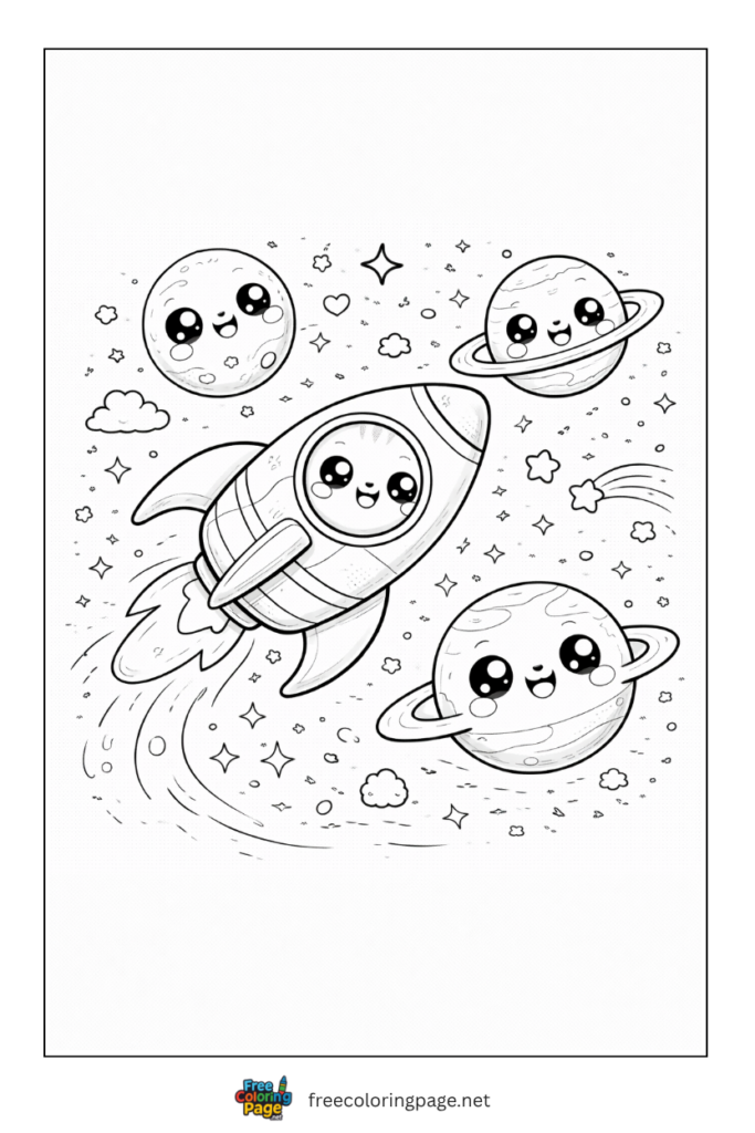 coloring page of kawaii rocket flying from earth
