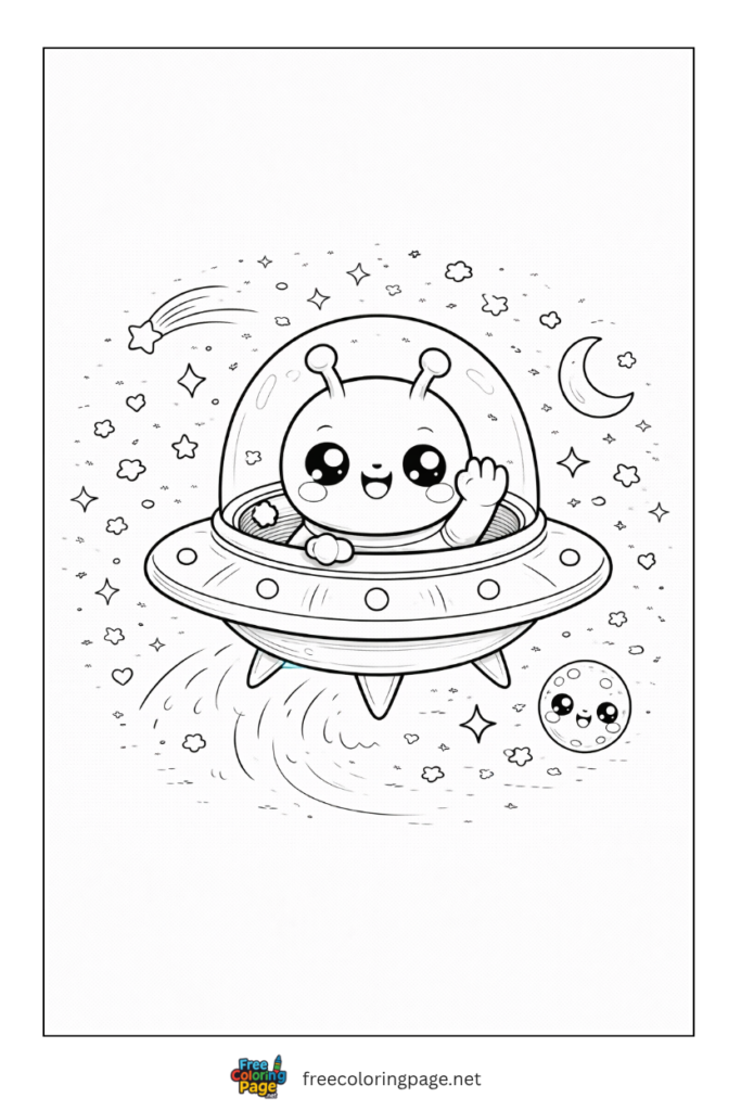 coloring page of kawaii spaceship with alien