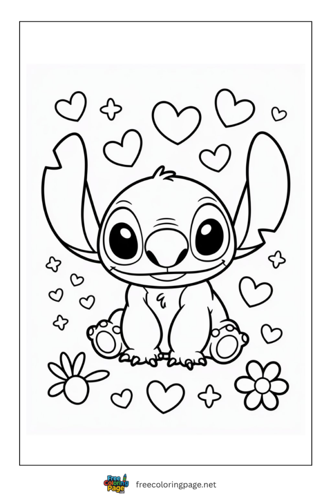 coloring page of kawaii stitch with heart background