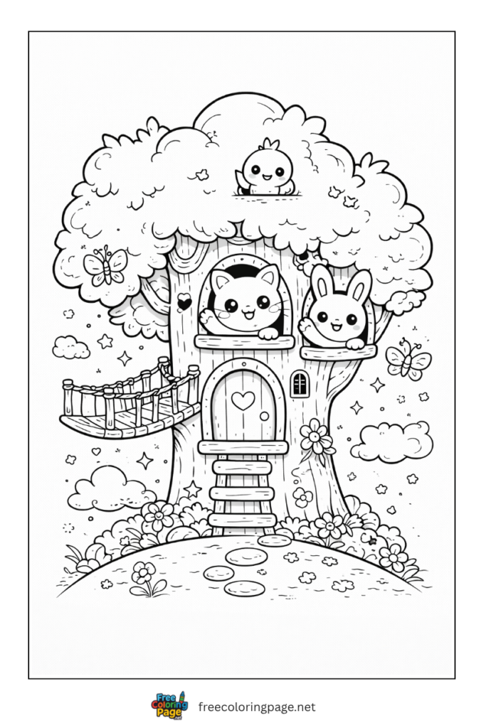 coloring page of kawaii tree house with animals