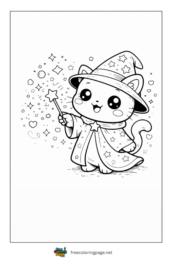 coloring page of kawaii wizzard cat