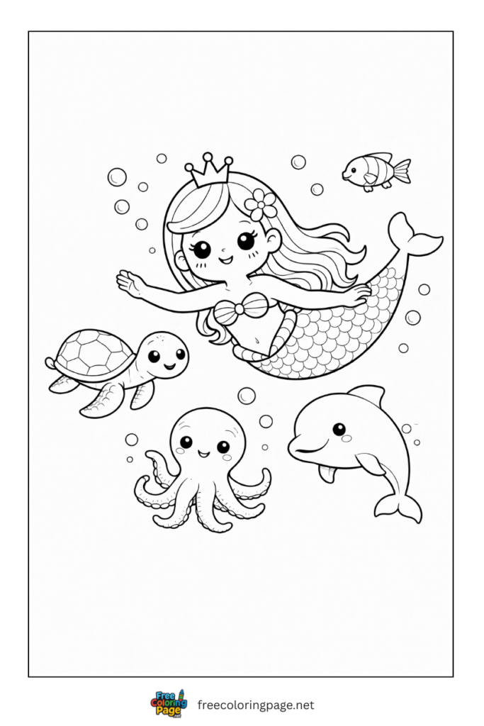 coloring page of mermaid swimming with sea animals