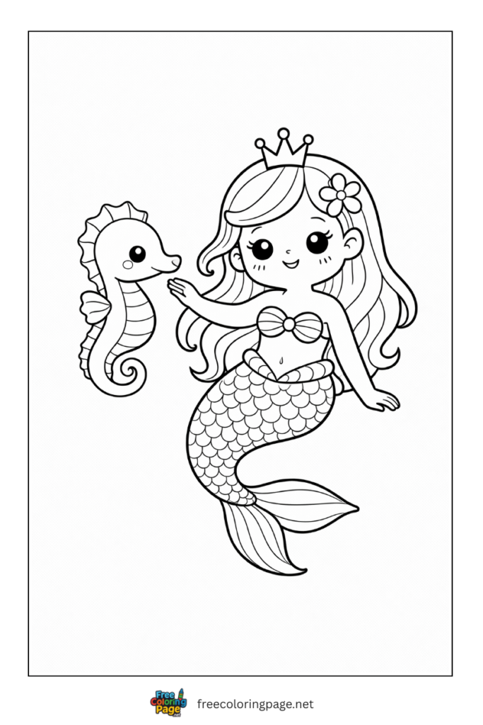 coloring page of mermaid with seahorse