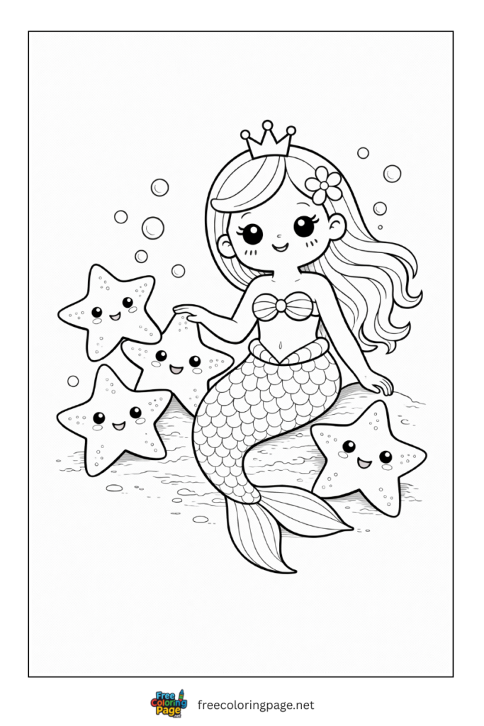 coloring page of mermaid with cute friends starfishes