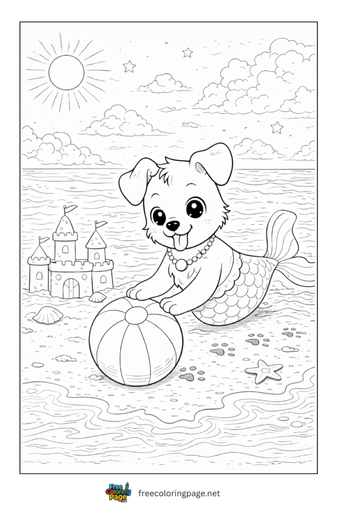 coloring page of dog mermaid playing on beach