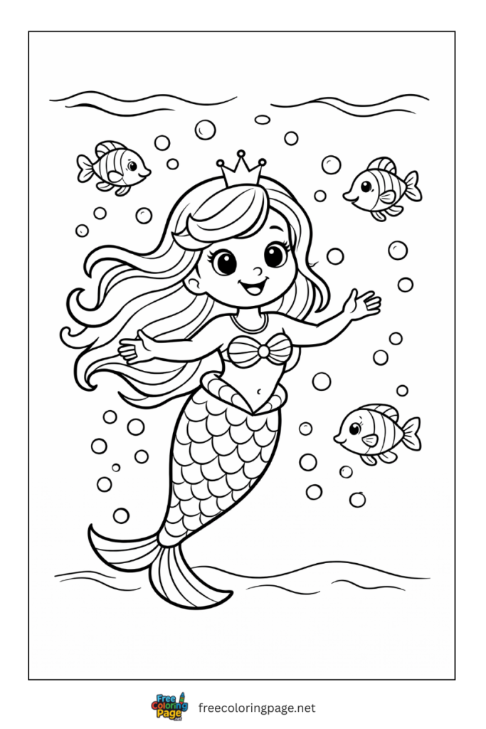 coloring page of mermaid with fish underwater