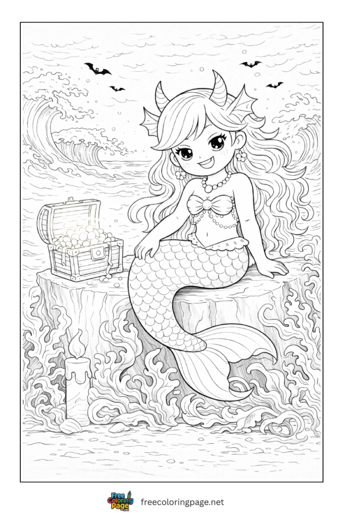coloring page of evil mermaid with gold chest box 