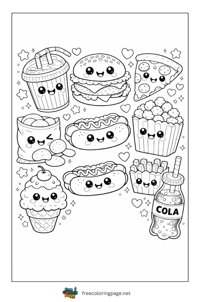 coloring page of kawaii food items