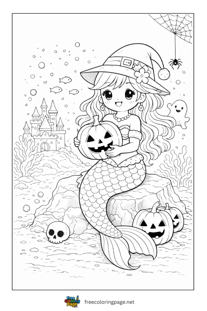 coloring page of spooky mermaid halloween celebration