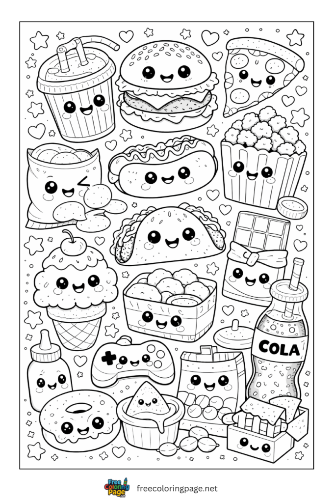 coloring page of kawaii junk food items
