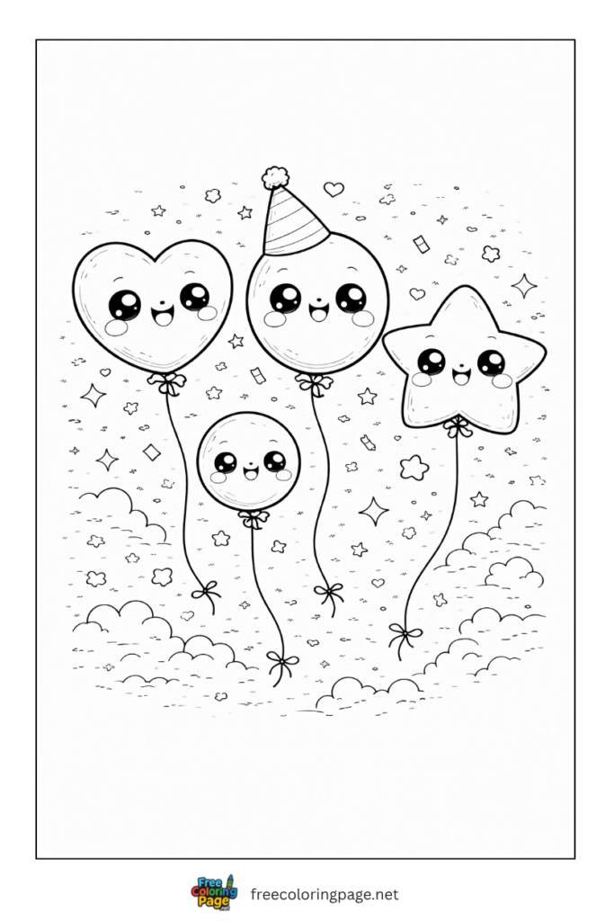 coloring page of kawaii balloons of different shapes