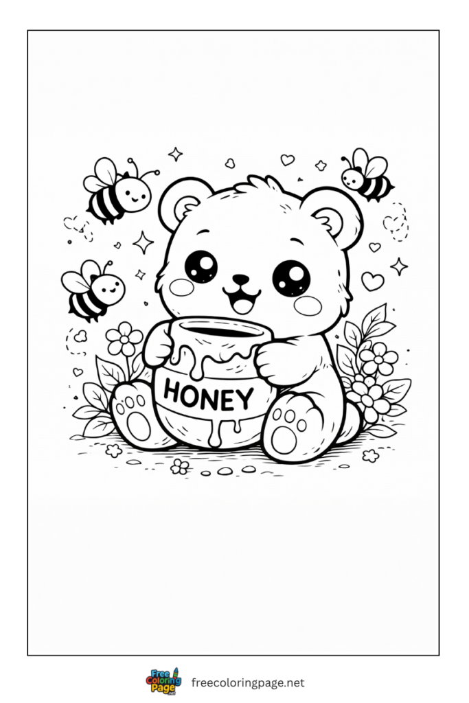 coloring page of kawaii bear with honey