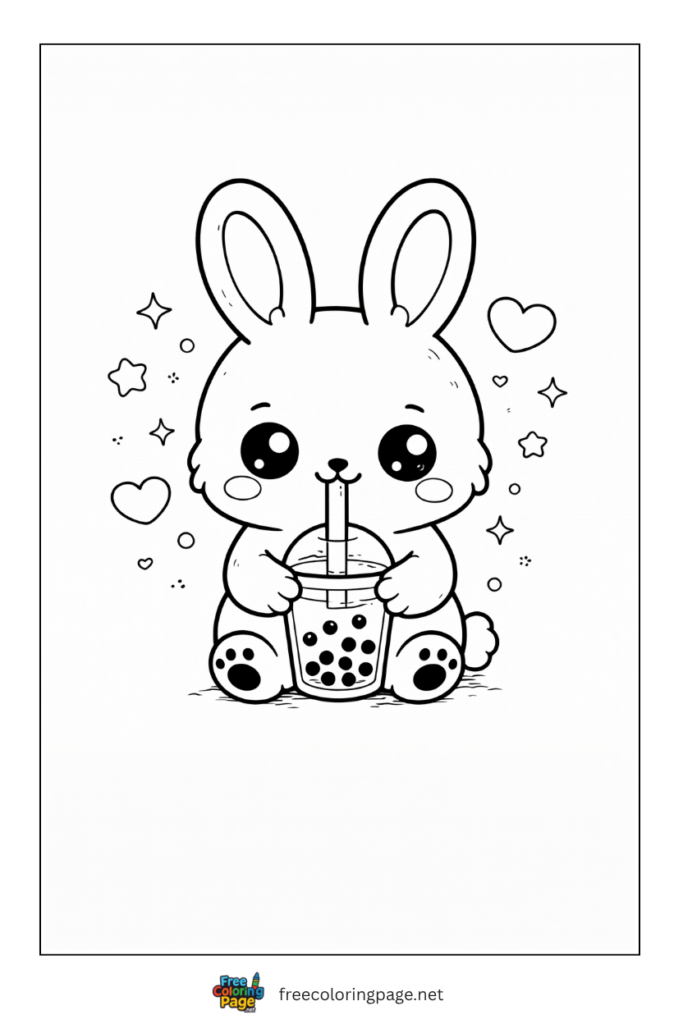 coloring page of kawaii  bunny holding booba tea
