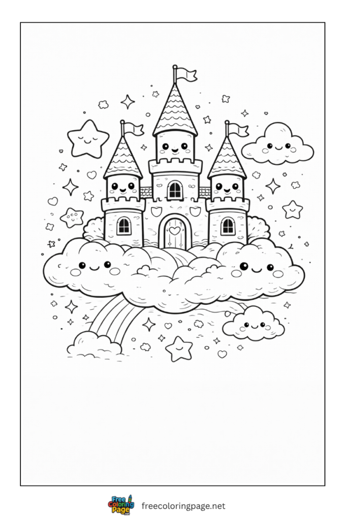 coloring page of kawaii unicorn castle