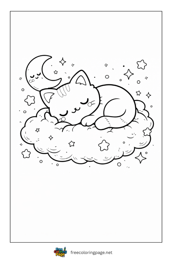 coloring page of kawaii cat sleeping on cloud