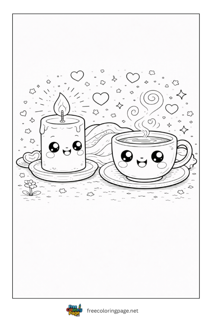coloring page of kawaii coffee and candle