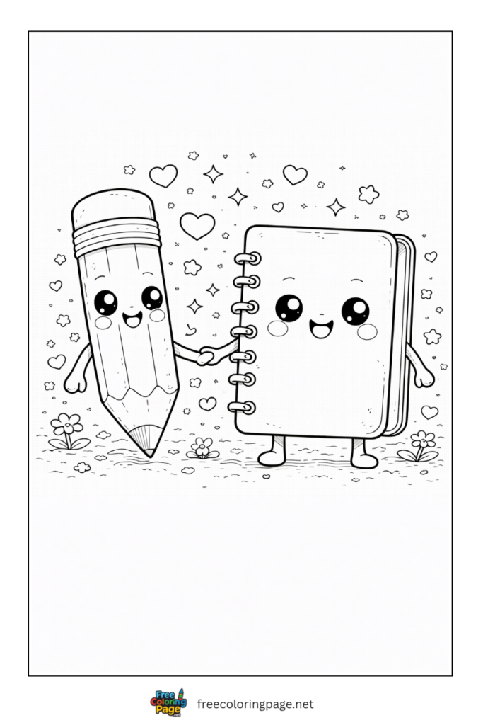 coloring page of kawaii book and pencil