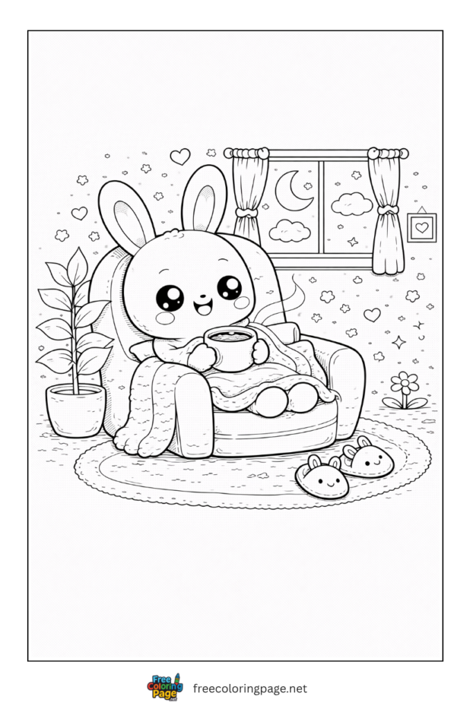 coloring page of kawaii cozy bunny drinking coffee