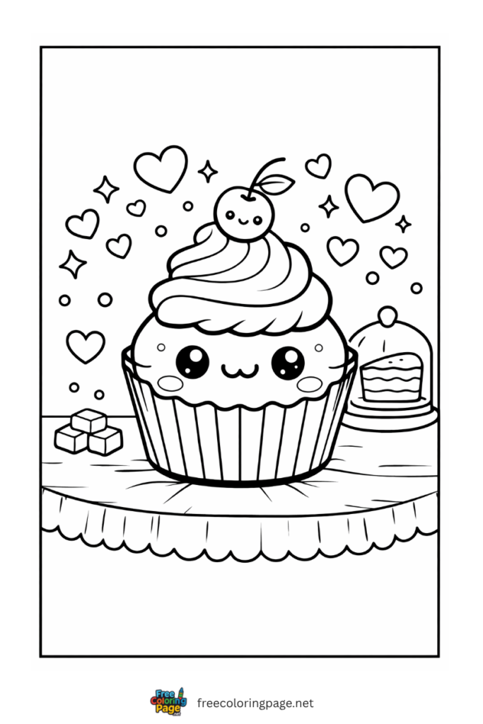 coloring page of kawaii cupcake