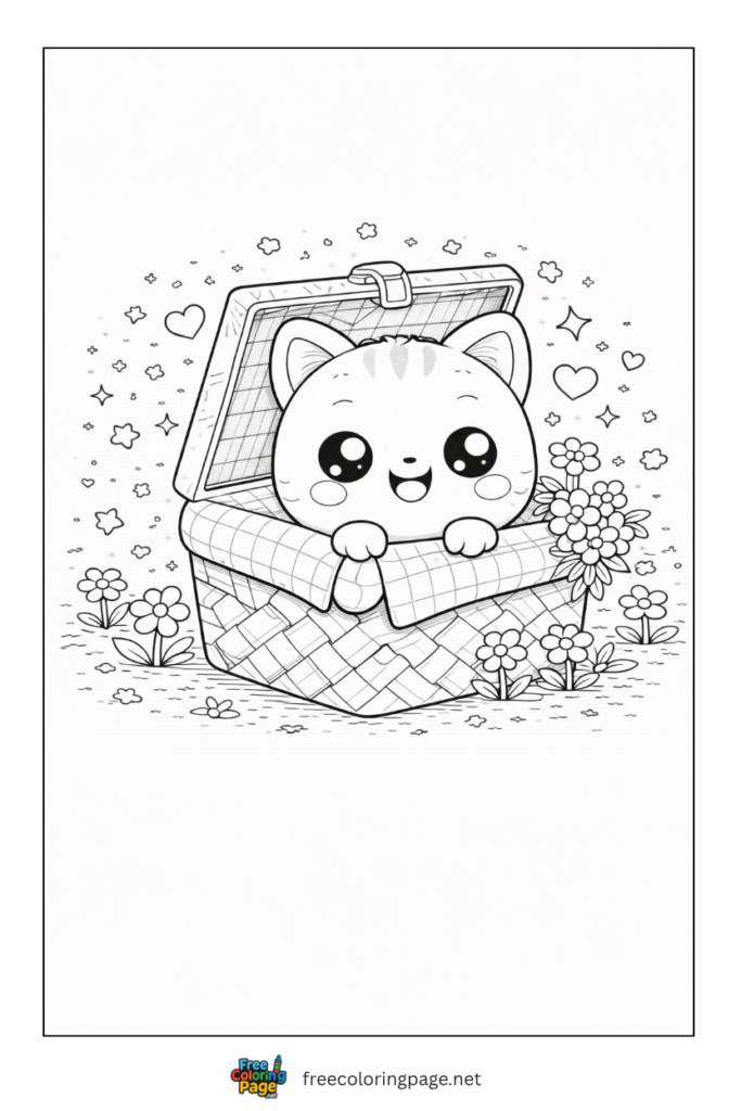 coloring page of kawaii cute kitten in basket