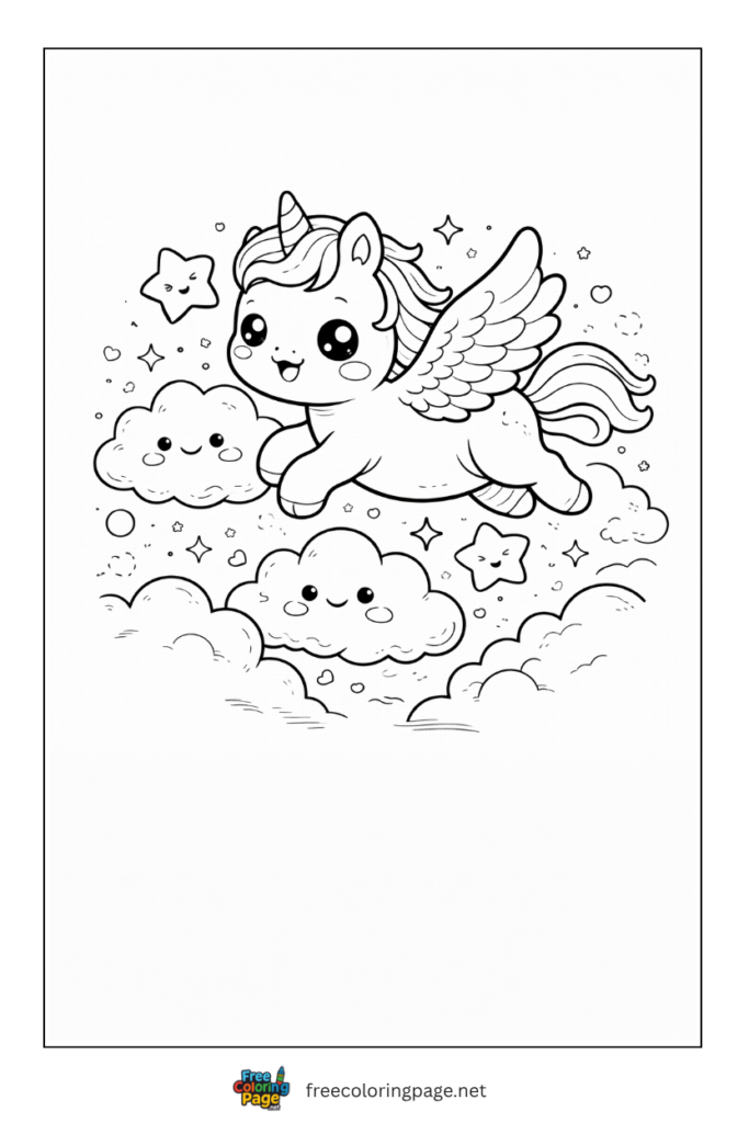coloring page of kawaii unicorn flying