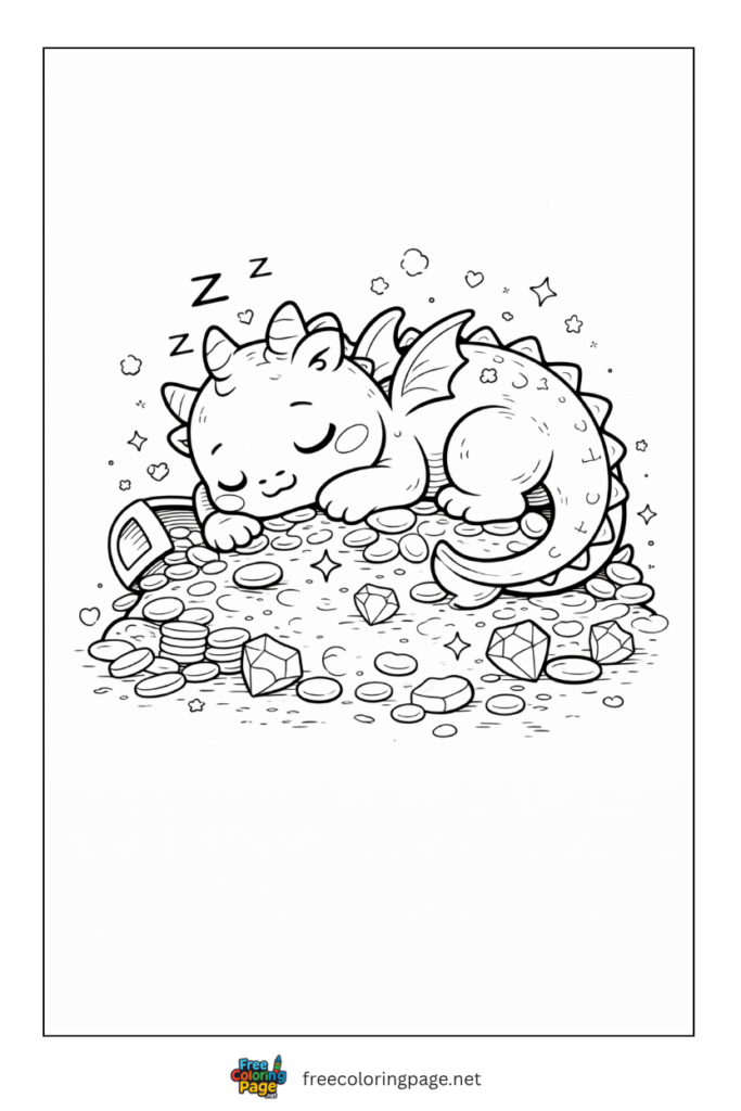 coloring page of kawaii baby dinosaur sleeping