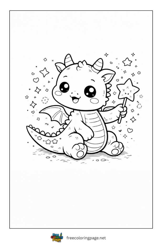coloring page of kawaii dragon holding star