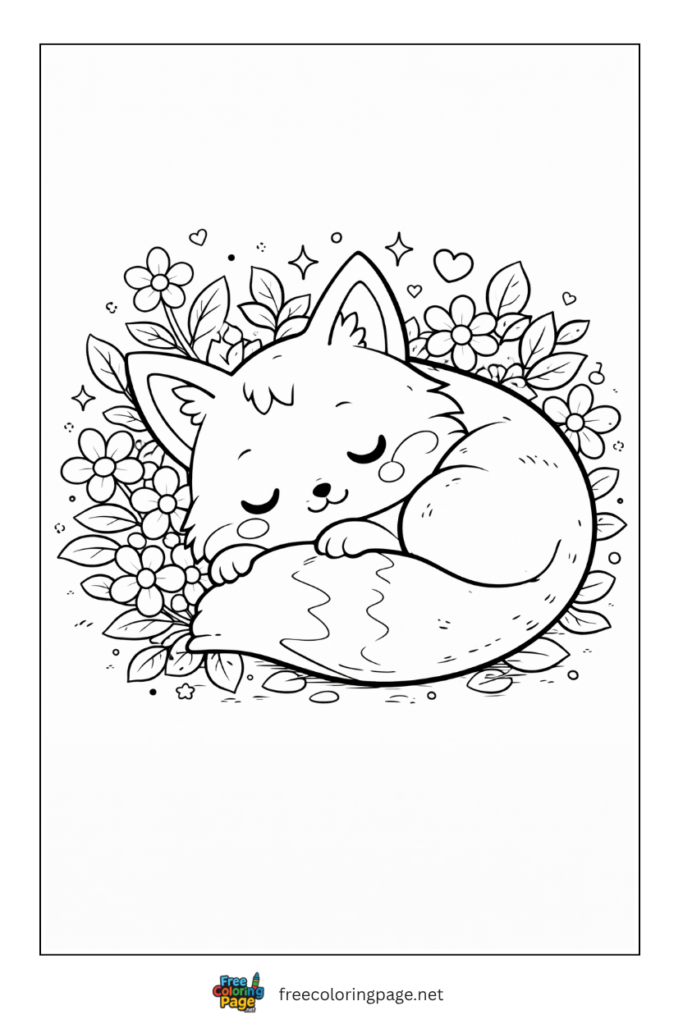 coloring page of kawaii fox sleeping