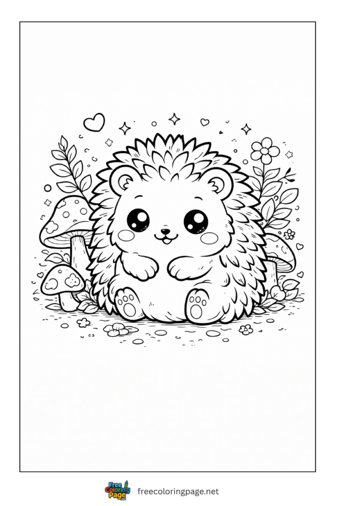 coloring page of kawaii hedgehog in fall