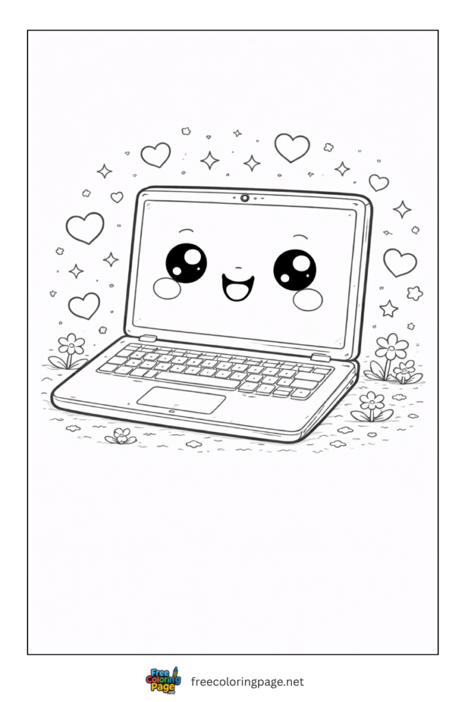 coloring page of kawaii laptop