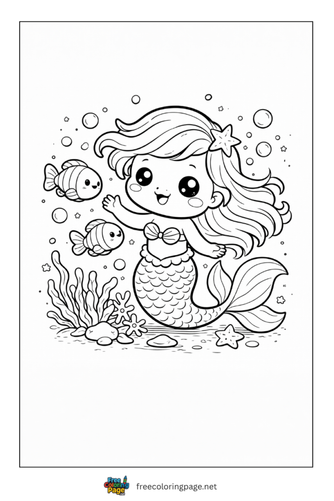 coloring page of kawaii cute mermaid with fish